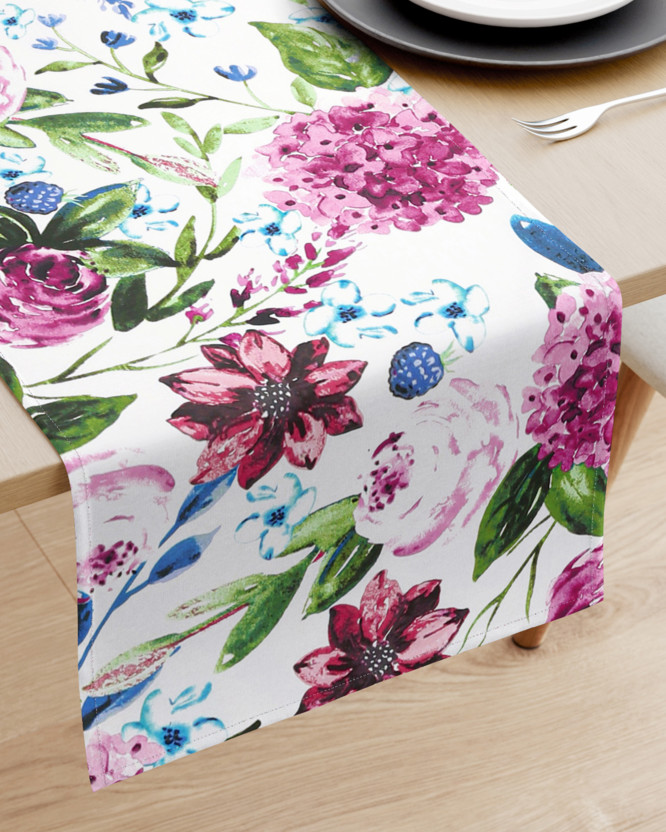 Běhoun na stůl 100% bavlněné plátno - motiv fialových hortenzií
