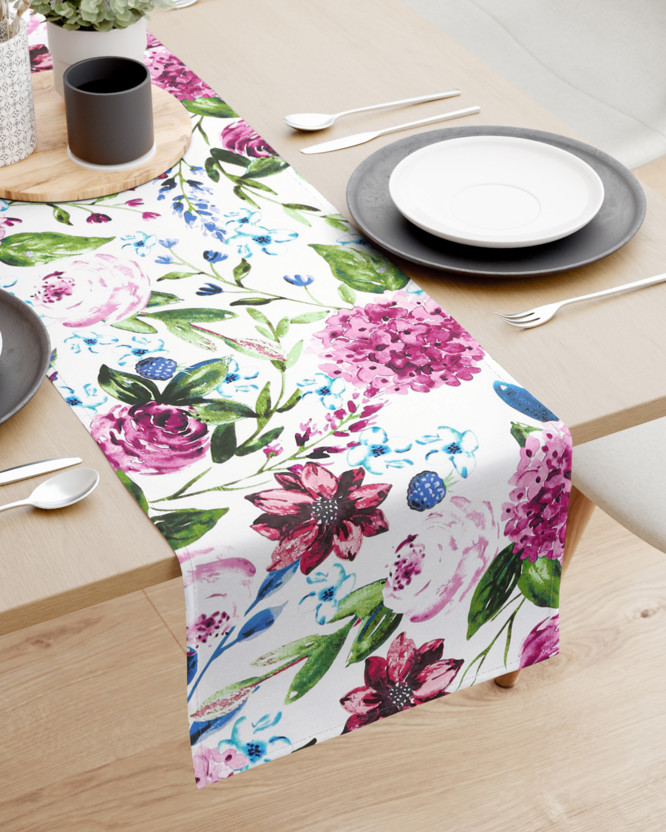 Běhoun na stůl 100% bavlněné plátno - motiv fialových hortenzií