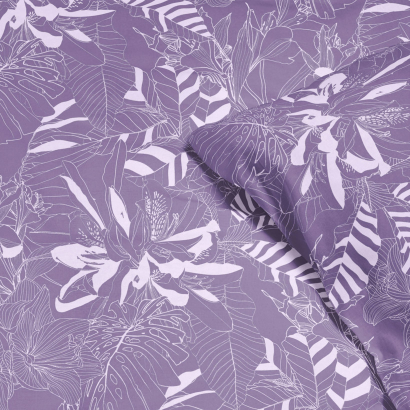 Saténové ložní povlečení Deluxe - bílé rostliny na fialovém